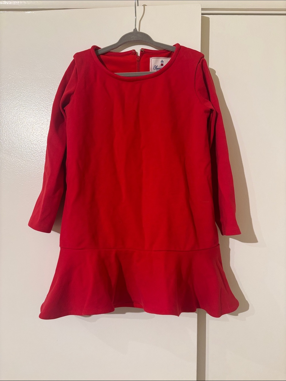 Classic Prep Girls' Bright Red Long-Sleeve Drop Waist Peplum Dress